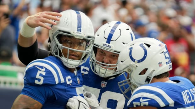 Indianapolis Colts quarterback Anthony Richardson (5) celebrates with his teammates after scoring a touchdown Sunday, Sept. 17, 2023, during a game against the Houston Texans at NRG Stadium in Houston
